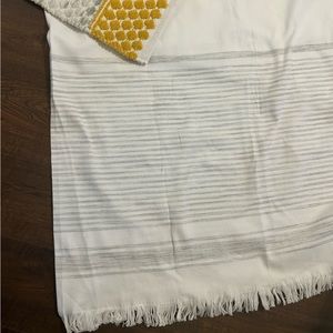 White cotton shower curtain. Gray striped detail. 6’x6’